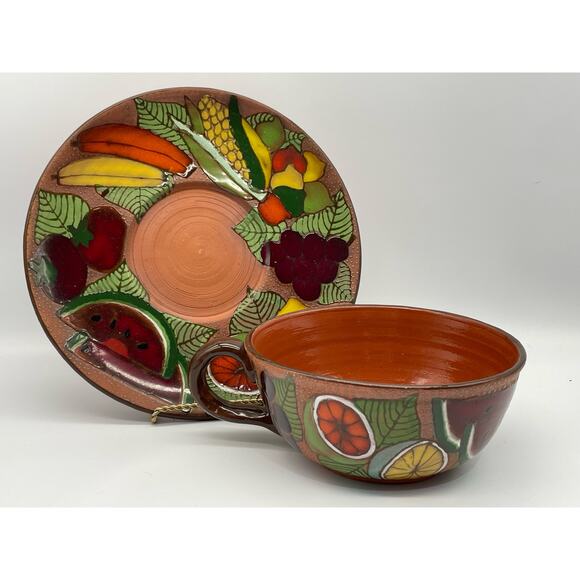 Red-ware Vintage Handled Bowl / Pot & Plate Folk-art Fruit Pattern - Picture 2 of 6